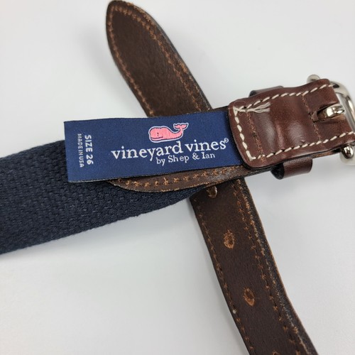 Vineyard Vines Wave Pattern Navy Cotton, Brown Leather & Brass Buckle Belt 26" - Picture 4 of 8