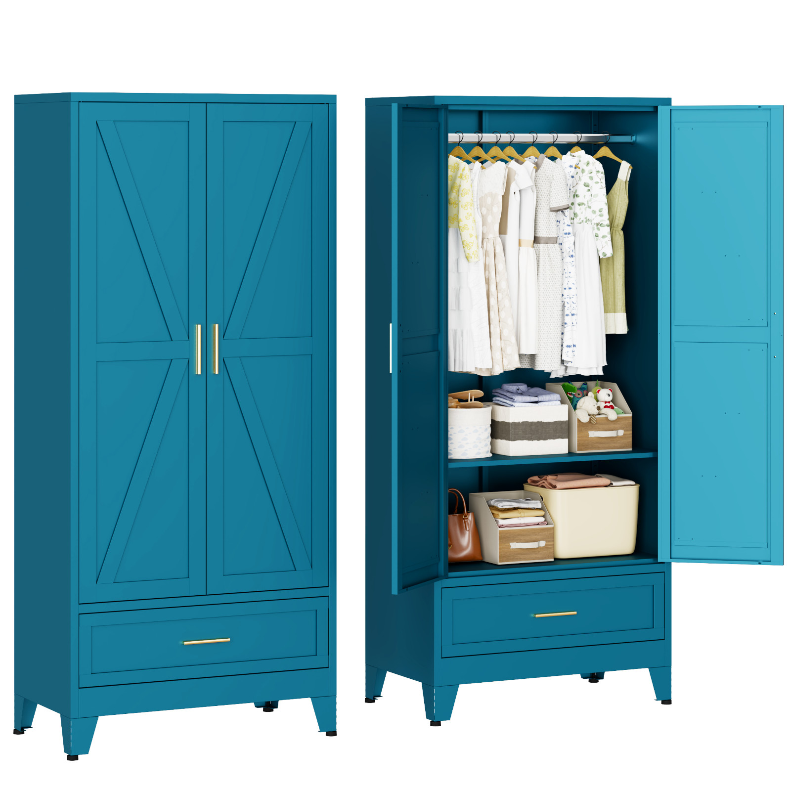 Metal armoire Wardrobe Closet with Hanging Rod,71'' Metal Wardrobe Cabinet