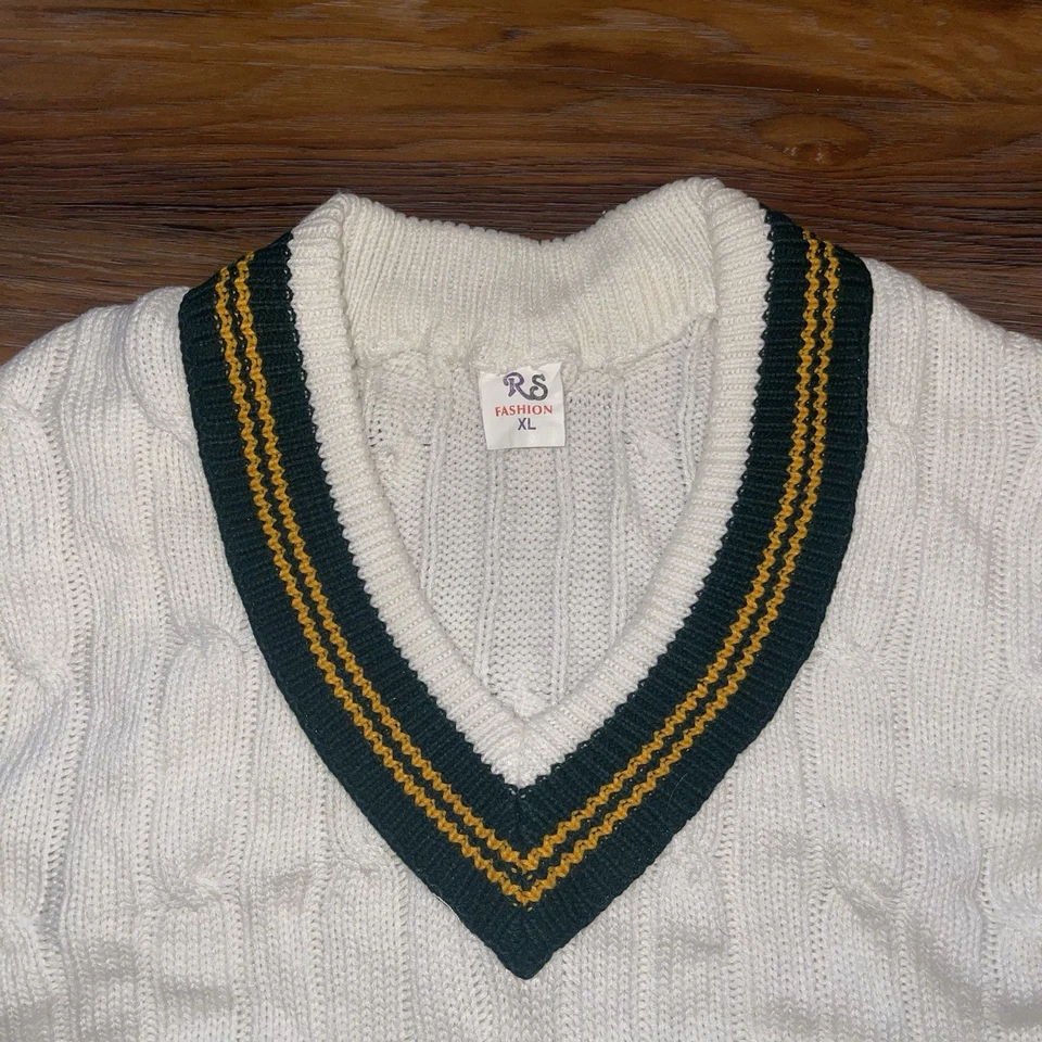 Chaleco Suéter Tenis Cricket Tejido con Cable De Colección Blanco Verde Amarillo Algodón XL DE COLECCIÓN Foto 2 de 4