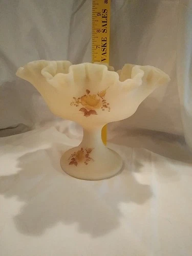 Fenton Satin Custard Daisies Ruffled Compote Hand Painted And Signed 6”