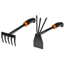 Heavy Duty Garden Hand Tool Set 5-Tine Rake & 2in1 Digger Hoe Steel