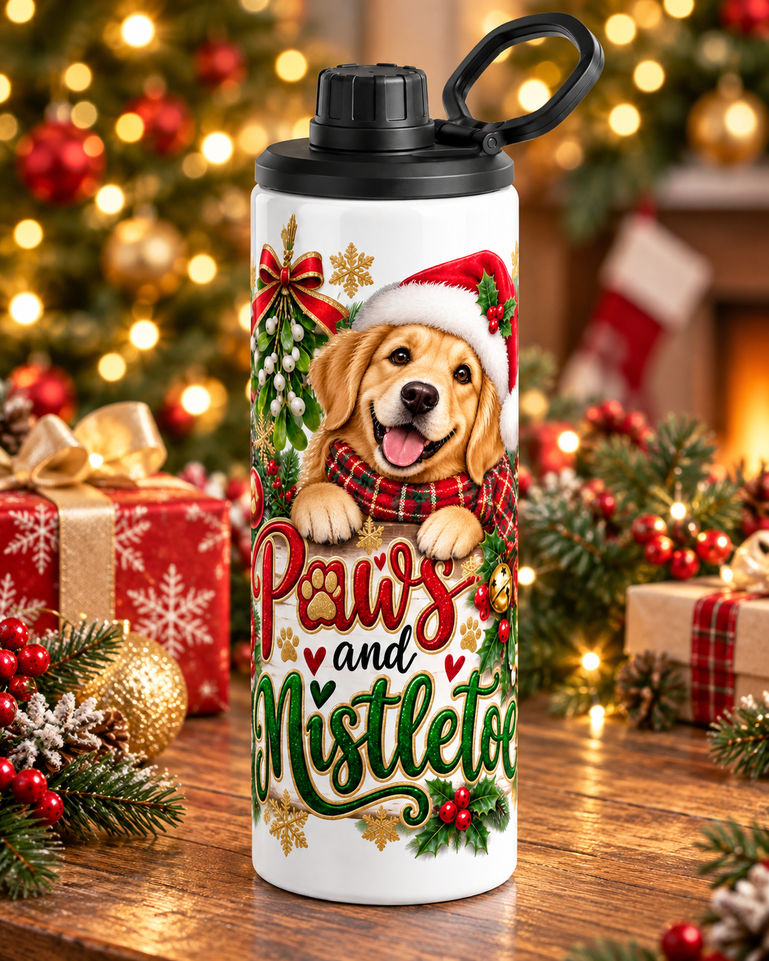 20 oz Christmas Dog Paws & Mistletoe Insulated Tumbler for Pet Lovers product photograph