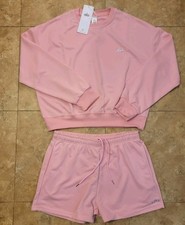 Alo Yoga Large Pink 2pc Set Fleece Crop Sweatshirt Short Athleisure Athletic New