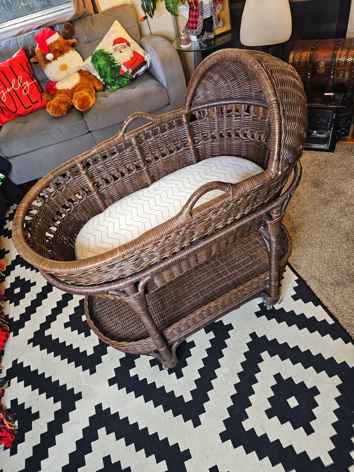 Pottery Barn Kids Wicker Bassinet Rattan Brown Wheels Boho Vibes Nursery Decor