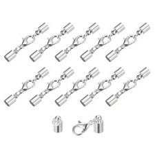 10Sets 5mm Leather Cord End Caps with Lobster Claw Clasps Silver Tone