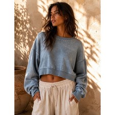 Lazy Sunday Women Blue Acid Wash Cropped Sweatshirt Cotton Crew Neck Large