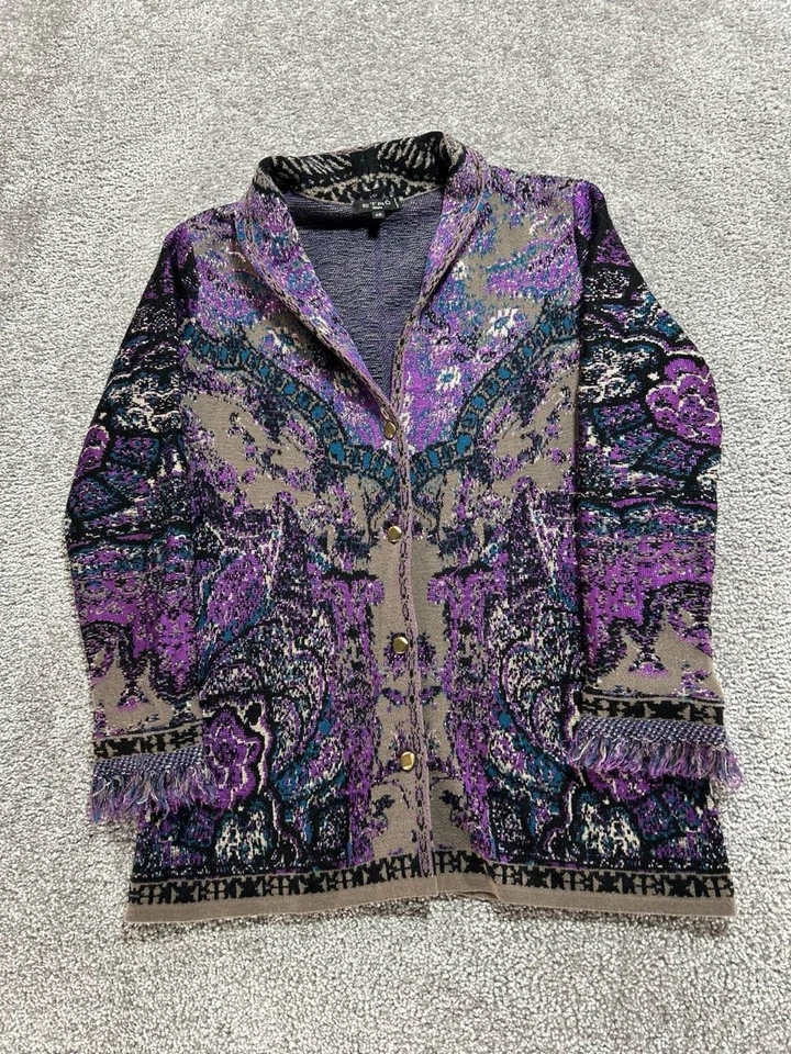 Etro Milano Cardigan Sweater Womens 46 Multicolor Paisley Tight Knit Fringe Trim - Image 2 of 4