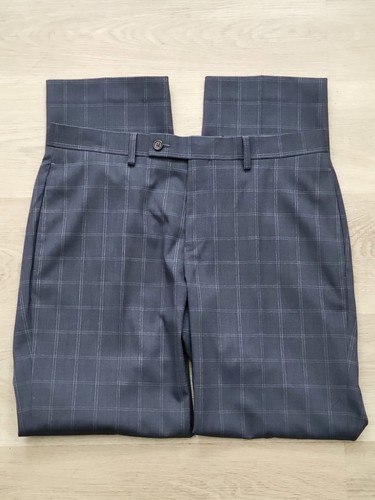 Blue Ralph Lauren men’s dress pants with gray plaid pattern, size 32W x 30L, laid flat on light wood floor.