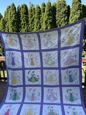 Vintage Handmade embroidered friendship quilt with Sun Bonnet Girls. 77 X 95