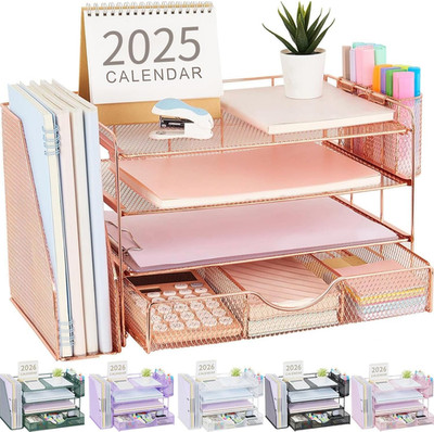 4 Tier Desk Organizer with File Holder Drawer 2 Pen Holders Rose Gold