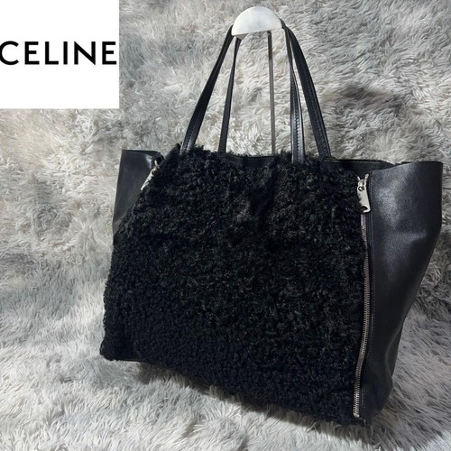 Celine Cabas Gazet Leather Fur Tote Bag Black Women's