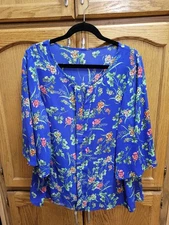 Blue Flowing Blouse w/ Flowing 3/4 Sleeves By Desert Rose sz  XL. IMMACULATE. 