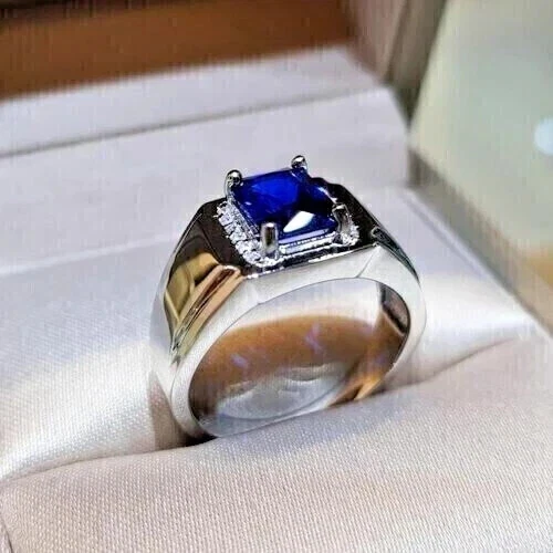2 Ct Emerald Cut Blue Lab Created Men's Wedding Ring in 14K White Gold Plated - Image 2 of 3