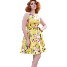 Yellow Floral Sleeveless Fit Flare Midi Dress Belted Summer Garden Party Medium
