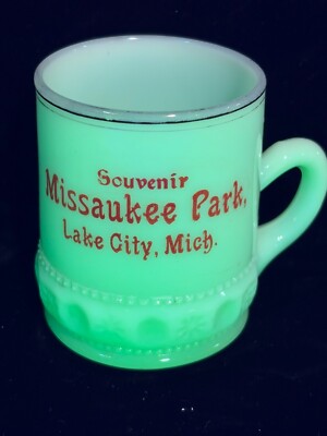 #314 Vtg MISSAUKEE PARK LAKE CITY MICHIGAN Uranium Custard Souvenir Glass Cup