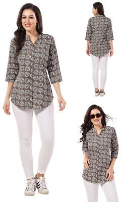 Kurtis Women Grey Floral Crepe Indian Top Kurti Tunic Kurta Shirt Dress SC2733 - Image 1 of 4