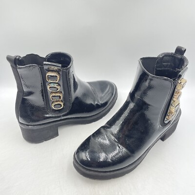 Vintage schwarze Lack Kunstleder Stiefel Diamanten Gold Nieten Schuhe Gr. UK 3,5