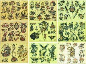 Bundle of NINE VINTAGE Colored TATTOO Flash Prints Sailor Jerry and others