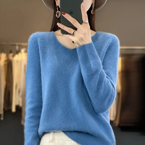 2024 Herbst Winter 100% Reine Wolle Kaschmir Damen V-Ausschnitt Pullover Pulli - Bild 31 von 42