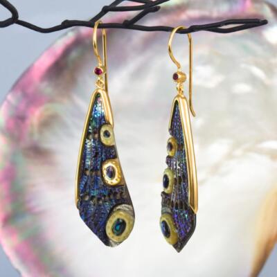 Libellenflügel Ohrringe Abalone-muschel Schnitzerei Gold Vermeil Sterlingsilber