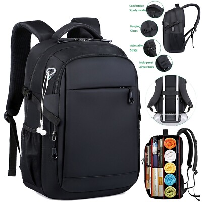 Large Capacity Nylon Business Backpack Travel 16'' Laptop Bag +USB Charging Port