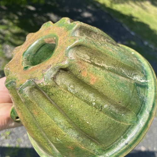 RARE Antique Green Glazed Pudding Mold 19th C. Primitive Kitchen Pottery Yellow - Picture 17 of 19