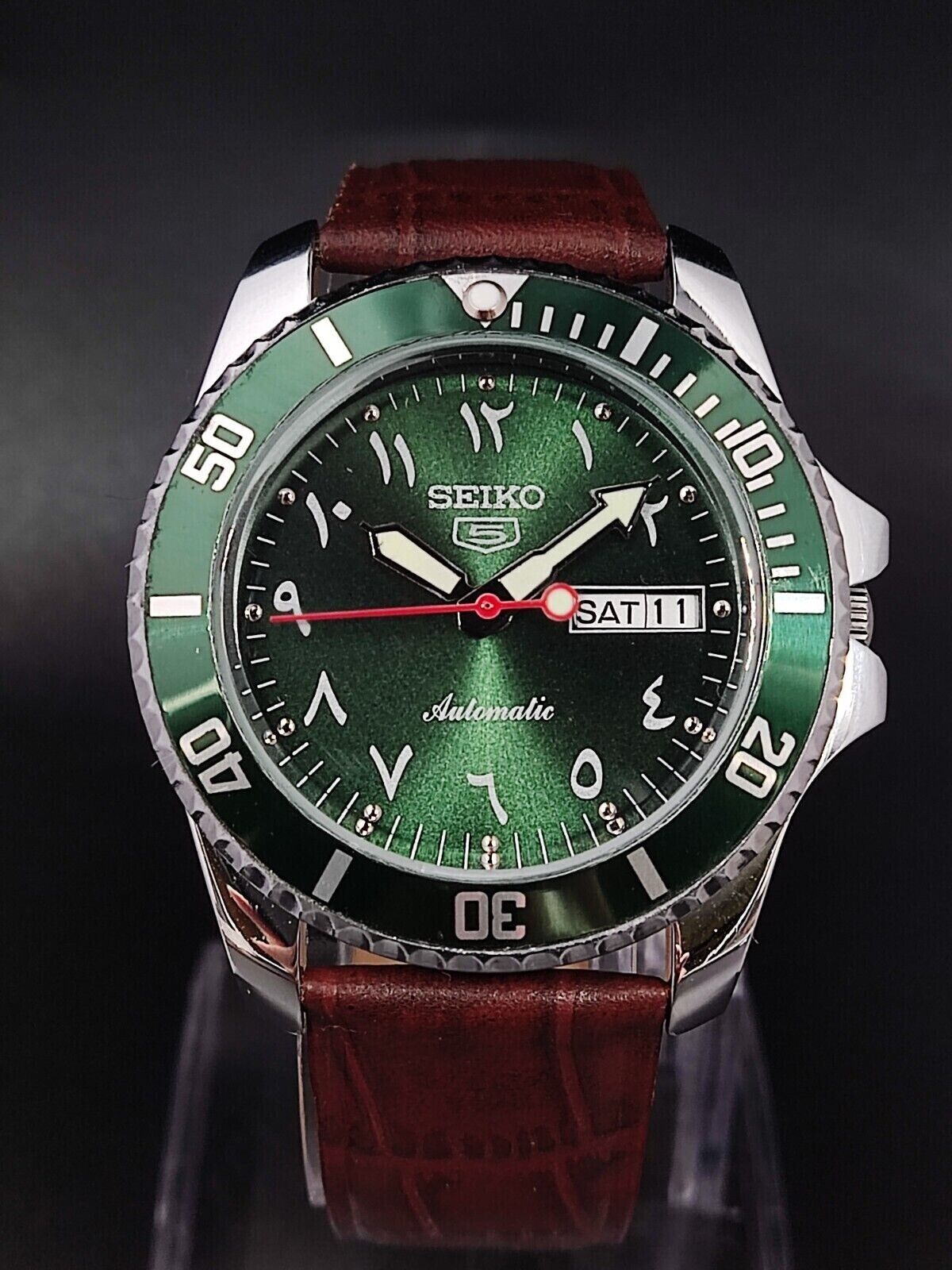 Seiko 5 Automatic Green Arabic Dial Rotating Bezel Men's Wrist Watch