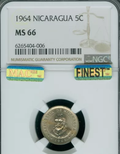 1964 NICARAGUA 5 CENTAVOS NGC MS66 PQ MAC FINEST GRADE SPOTLESS .