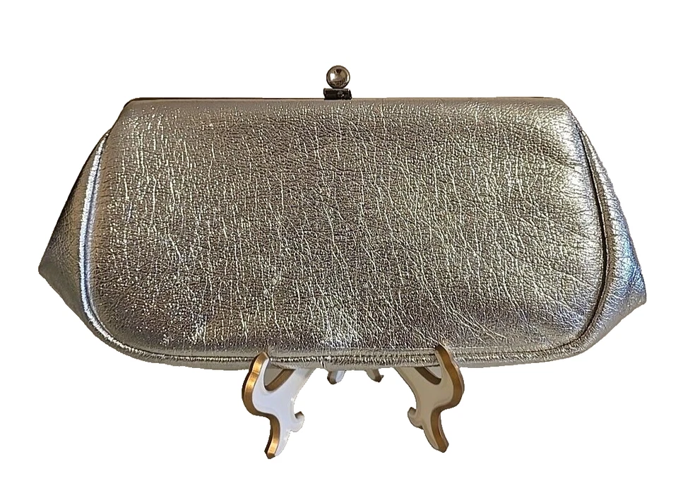 Metallic Silver Faux Leather Clutch Evening Bag Vintage 12" - Image 2 of 4