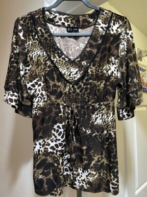 D.F.A. NEW YORK Size L Stretch Boho Top ~ Brown Black Ivory Animal Print