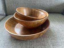 Burl Wood Maple Bowl Hand Carved Turned Natural Edge Folk Art Set Of 3 Signed