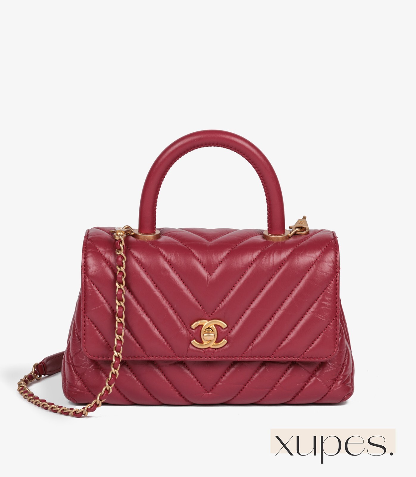 Chanel Red Chevron Aged Calfskin Leather Small Coco Top Handle