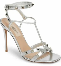 VALENTINO Free Metallic Silver Leather Rockstud Strappy Sillito Sandals 7 US 37