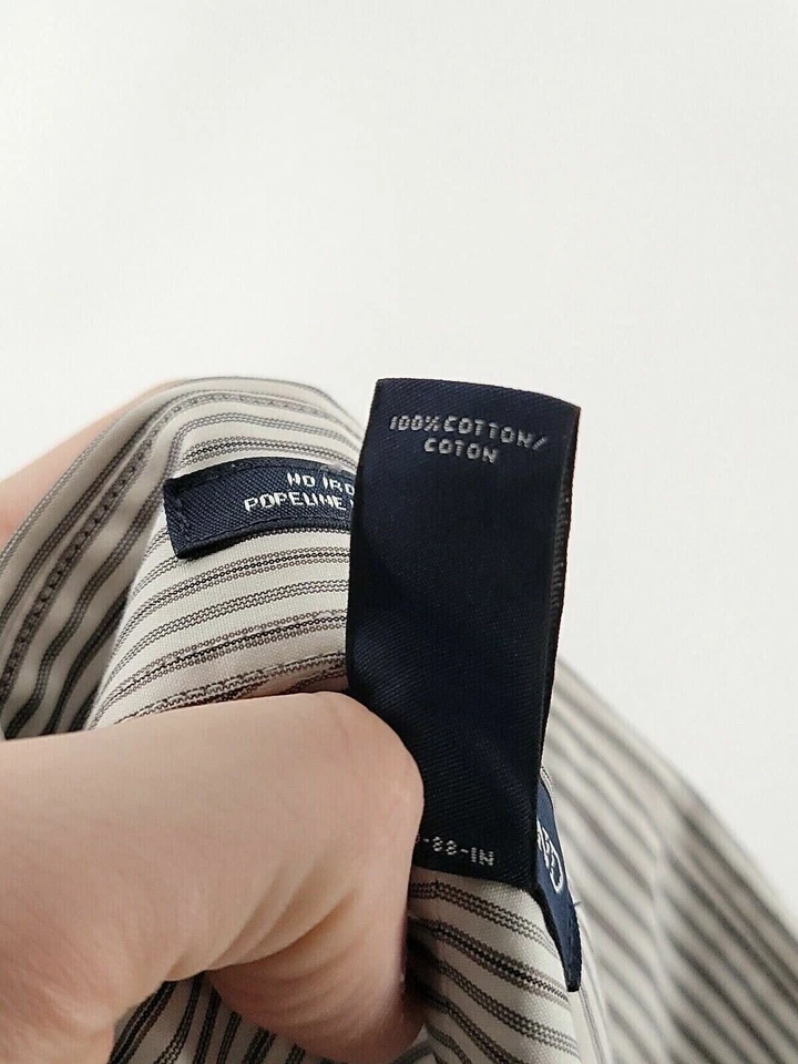 Camisa de vestir Lands End para hombre 17,5 37 blanca gris a rayas con botones 100 % algodón Foto 4 de 4