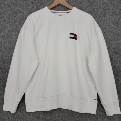 Tommy Jeans Sweatshirt Mens Large White Crewneck Logo Fleece Pullover Casual