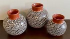 VTG Set Of 3 Polychrome Geometric Pottery Pots Cecilia Cuiriz Morales, Michoacan
