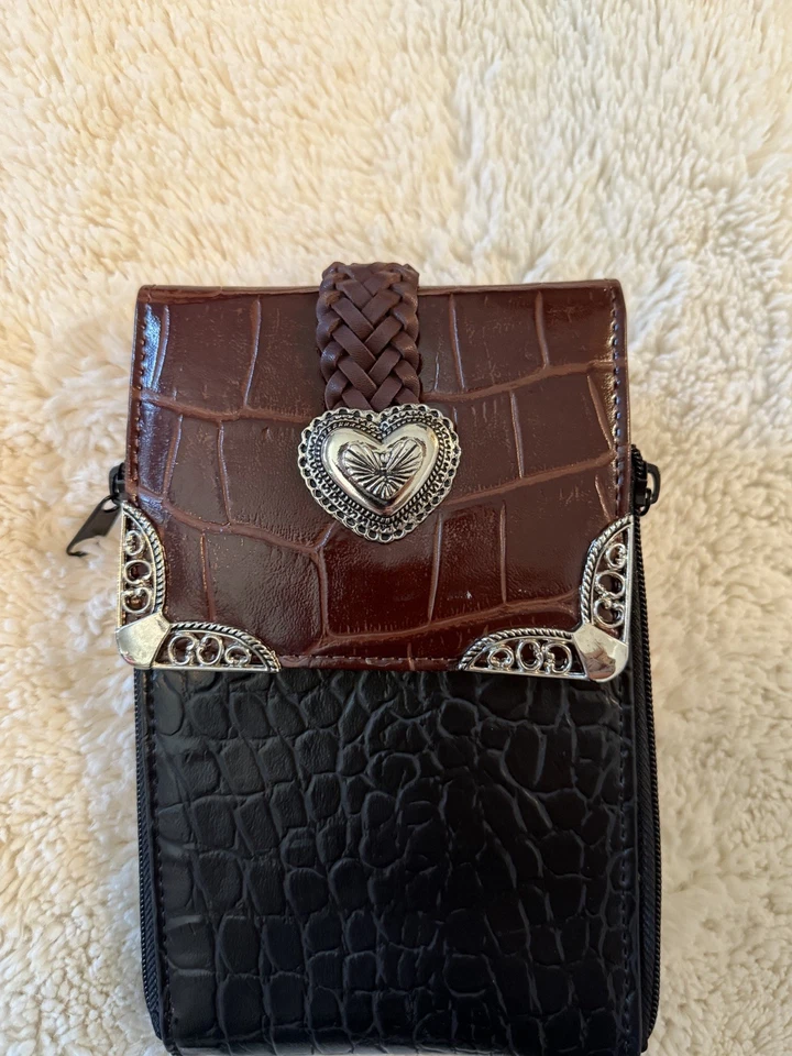 Bandolera Western Negra Marrón Trenzada en Relieve Triple Corazón Cartera Monedero  Foto 2 de 4