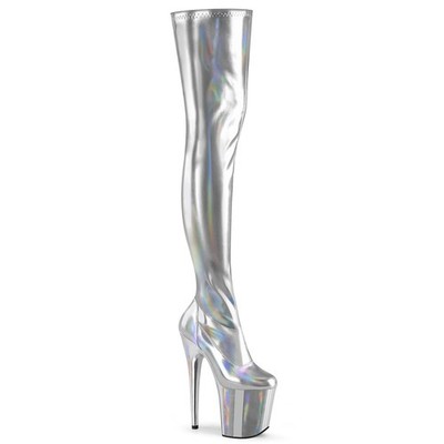 Sale FLAMINGO-3000HWR Pleaser Plateauoverkneestiefel silber Holo Stretch Matt 38