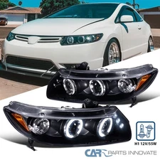 Black Fits 2006-2011 Honda Civic 2Dr LED Halo Projector Headlights DRL Lamps