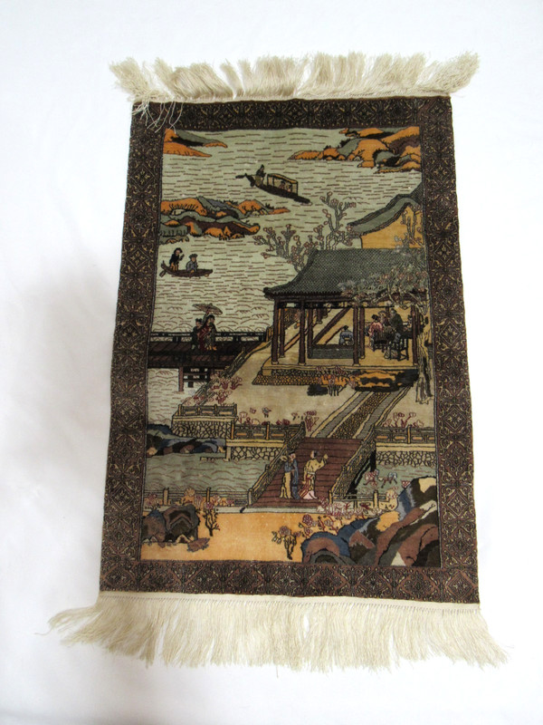 Vintage Chinese Silk Rug Pictorial Village Landscape Hanging Tapestry 22"x13"