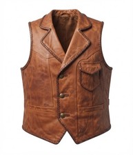 Vintage Distressed Leather Vest for Men Western Cowboy Braided Trim Waistcoat