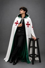 Medieval Hooded Crusader Cloak Green White Knight Robe LARP Cosplay Costume