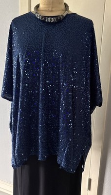 CAROLINE ROSE ONE SIZE BLUE SEQUIN TOP WITH CHICOS BLACL SKIRT AND NECKLACE 