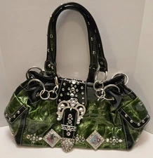 Green Western Style Purse, Functional, Preowned Fair 15"W X 8"T  Handle Drop 10"