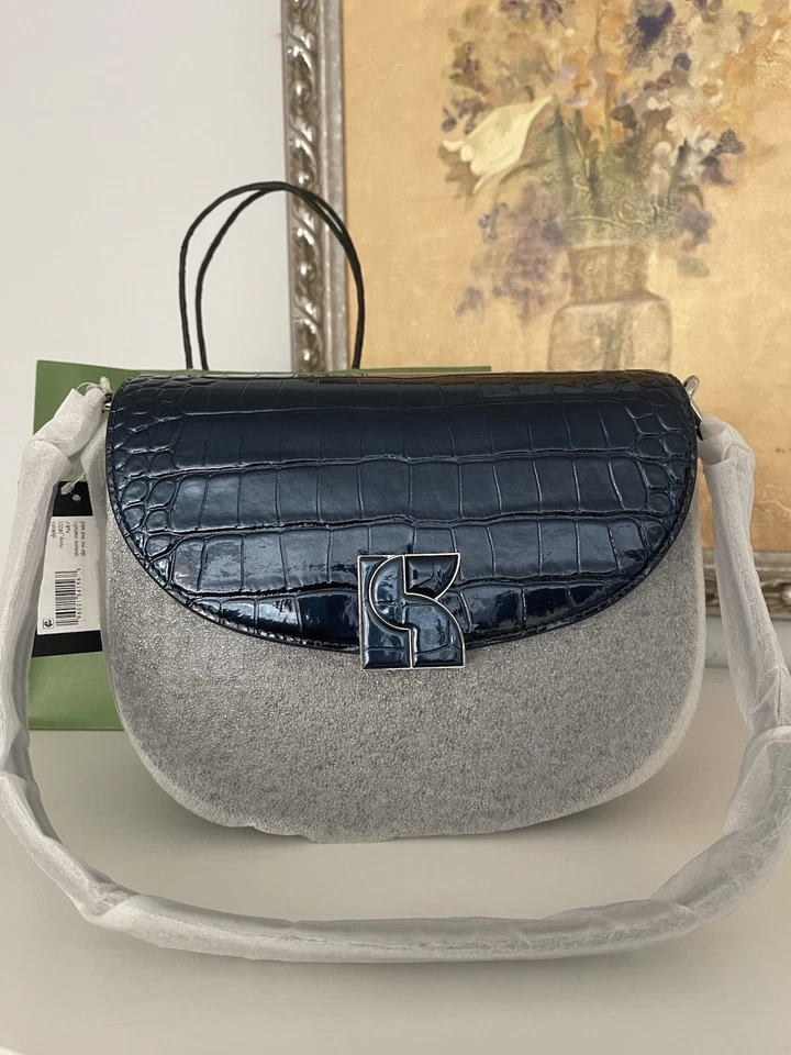 全新带标签 Kate Spade Dakota 金属鳄鱼纹压花中号马鞍包海军蓝 — 第 3/4 张图片