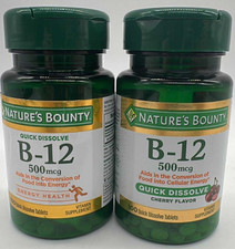 2PK Nature's Bounty B-12 500 mcg  100 Quick Dissolve Tablets EA  Cherry Flavor