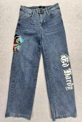 Ed Hardy Jeans Womens 26 Blue Embroidered Eagle Graphic Y2K Low Rise Stretch