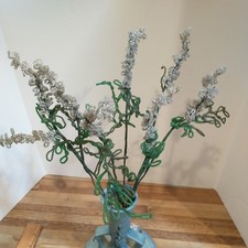7 Beaded Floral Stem Sprigs Green/White 12 in  Wire Beads