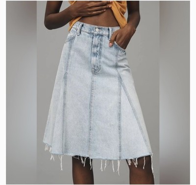 Mother The Half Swing Fray Denim Midi-Skirt Denim A-Line Skirt Sz