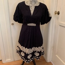 Anthropologie Orla Navy Embroidered Dress 6 Peasant Puff Sleeveless